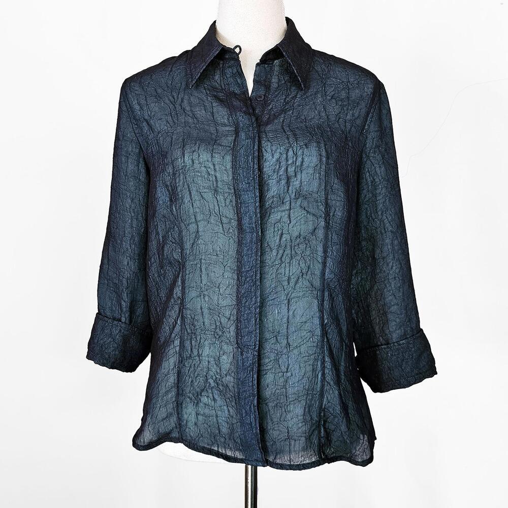 Renfrew Sheer Black Crinkled Women's Blouse with 3/4 Sleeves